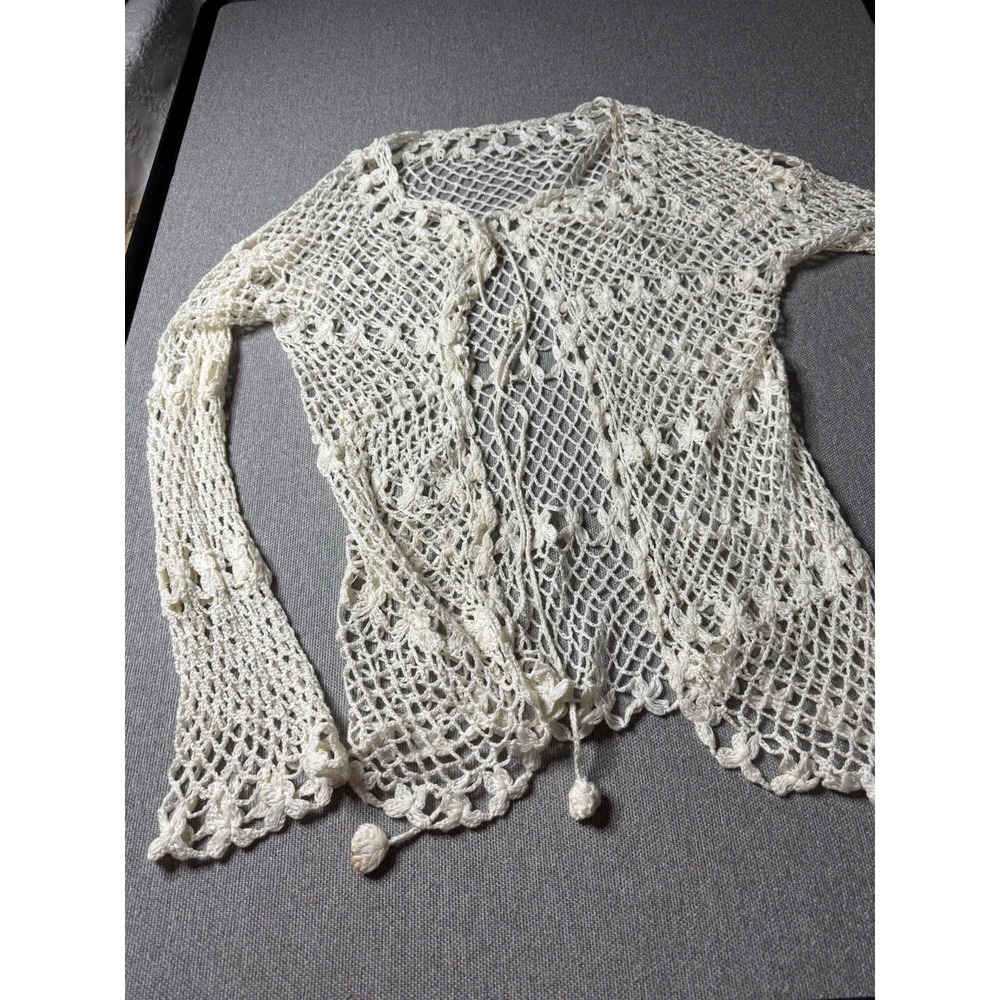 Unbranded Women's Crochet Bell Sleeve Cream Coverup With Tie In Front